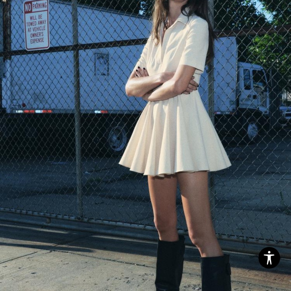 Cream Mini A-line Sundress with Pleated Skirt and Polo Collar